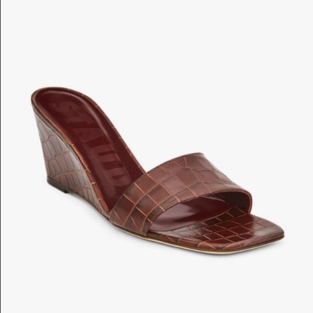 Staud Billie Brown Croc Embossed Wedge Sandals